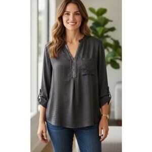 CREATION L Dark Gray Sequin Trim Adjustable Sleeve Top Ladies Size 14